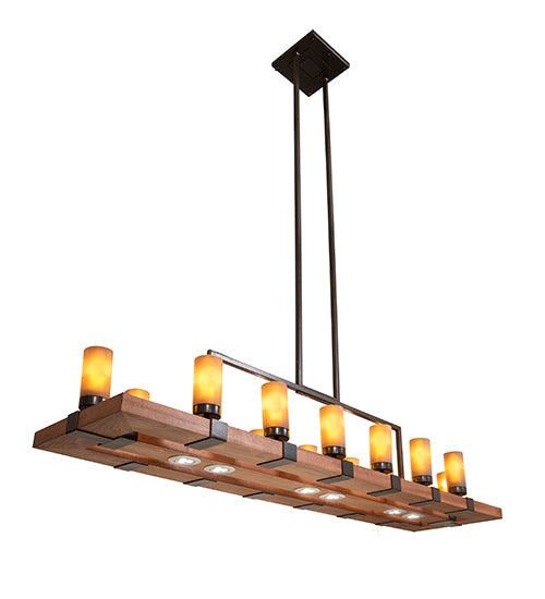 Meyda Lighting Grand Terrace 72" 14-Light Walnut Stained & Timeless Bronze Island Chandelier With Amber Frosted Shade Glass