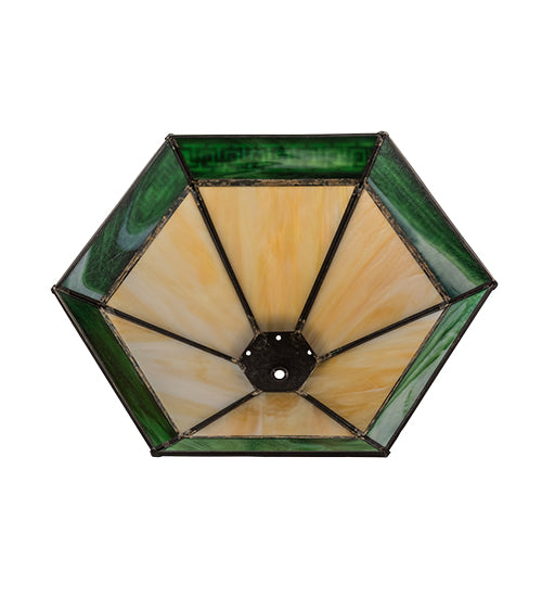 Meyda Lighting Greek Key Mission 19" Craftsman Brown Frame With Green & Beige Iridescent Shade Glass