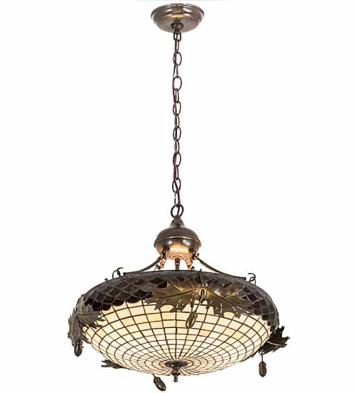 Meyda Lighting Greenbriar Oak 18" 2-Light Antique Brass Gloss Inverted Pendant Light With Bark Brown & Autumn Beige Art Shade Glass