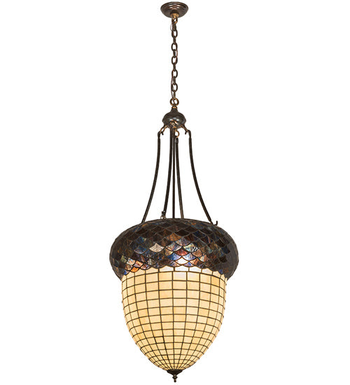 Meyda Lighting Greenbriar Oak 22" 3-Light Dark Burnished Antique Copper Inverted Pendant Light With Brown & Beige Shade Glass