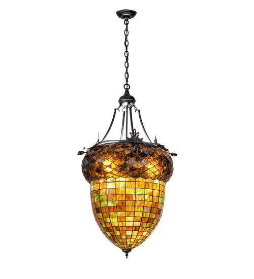 Meyda Lighting Greenbriar Oak 22" 3-Light Textured Black Inverted Pendant Light With Multi-Colored Shade Glass