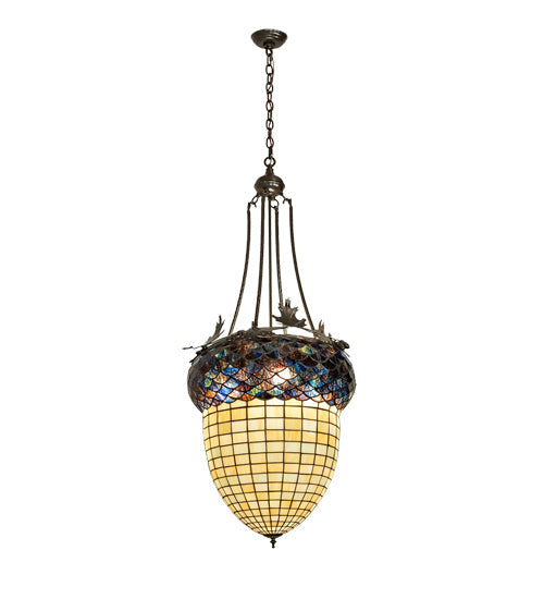 Meyda Lighting Greenbriar Oak 22" 3-Light Timeless Bronze Inverted Pendant Light With Multi-Colored Stained Shade Glass