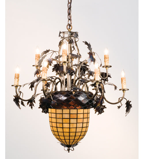 Meyda Lighting Greenbriar Oak 29" 11-Light 9-Arm Dark Burnished Antique Copper Chandelier With Ivory Acorn Shade Glass