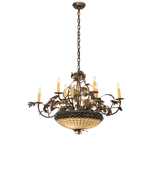 Meyda Lighting Greenbriar Oak 42" 11-Light 8-Arm Antique Copper Chandelier With Beige & Brown Stained Shade Glass