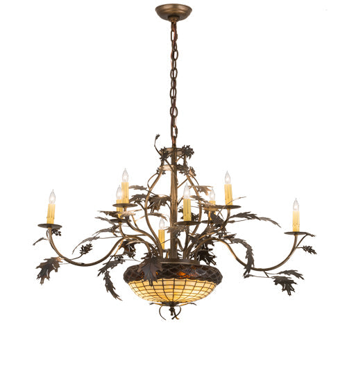 Meyda Lighting Greenbriar Oak 42" 11-Light 8-Arm Dark Burnished Antique Copper Chandelier With Multi-Colored Shade Glass