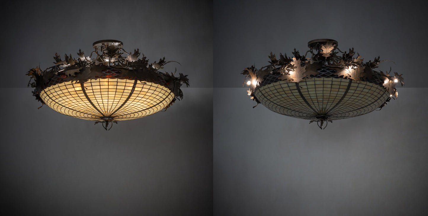 Meyda Lighting Greenbriar Oak 48" 16-Light Antique Copper Semi-flush Mount Light With Beige & Brown Stained Shade Glass