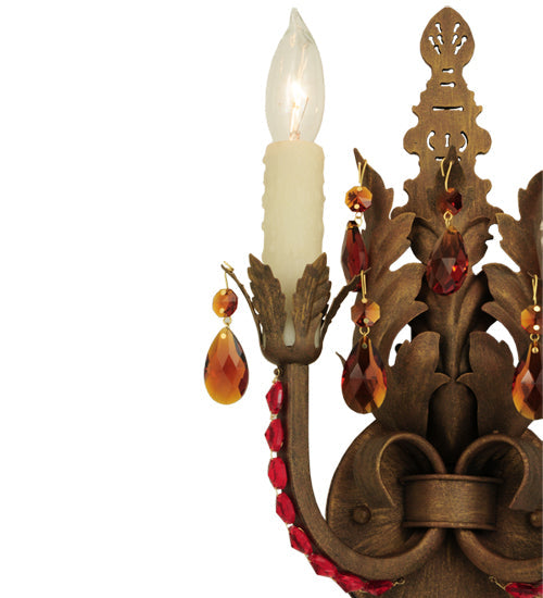 Meyda Lighting Grosetto 9" 2-Light Cortez Gold Wall Sconce With Red And Amber Crystal Shade