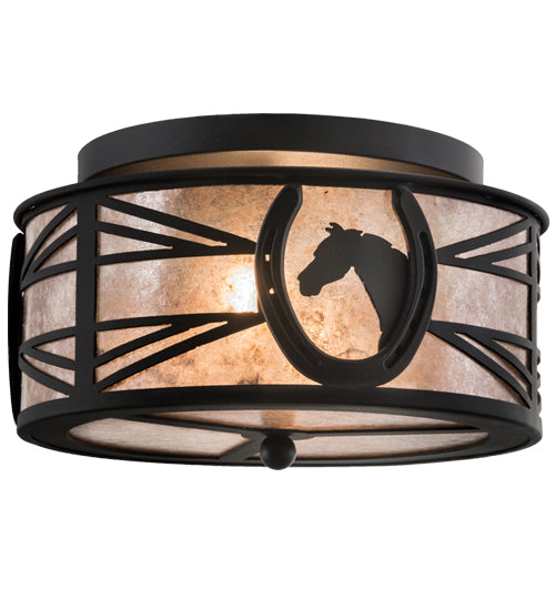 Meyda Lighting Horseshoe 15" 2-Light Textured Black Flush Mount Light With Silver Mica Shade Glass