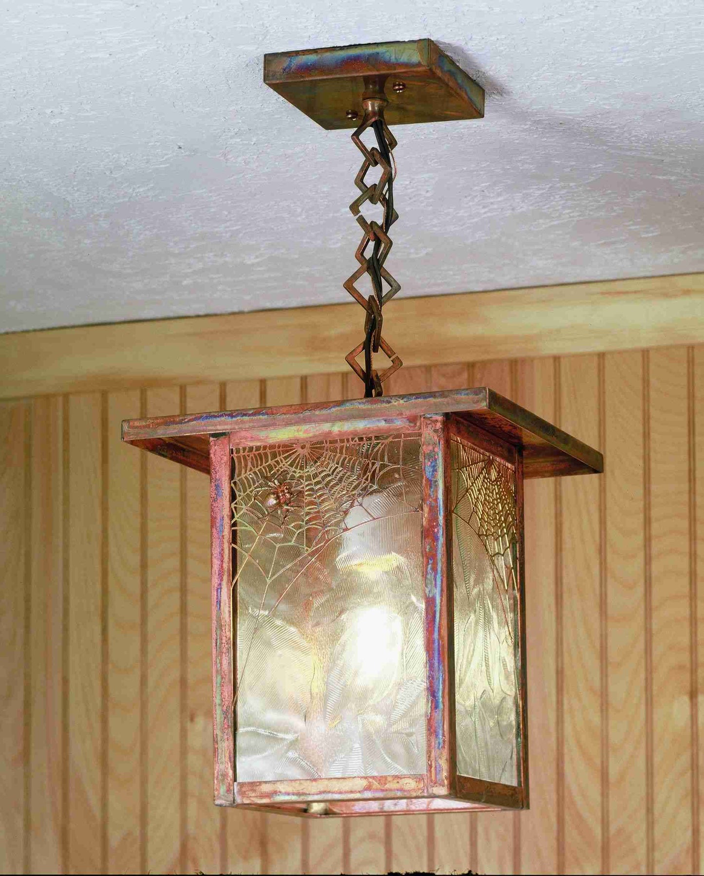 Meyda Lighting Hyde Park 13" Vintage Copper Spider Web Ceiling Pendant Light With Clear Seeded Shade Glass