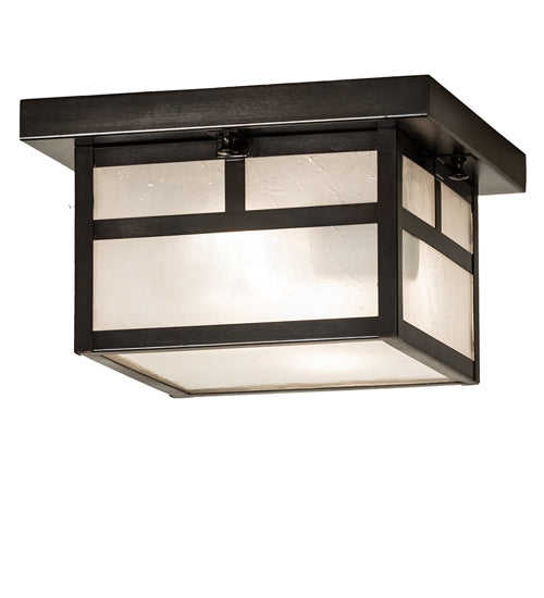 Meyda Lighting Hyde Park 14" 2-Light Craftsman Brown "T" Mission Flush Mount Light With Frosted Seeded Shade Glass