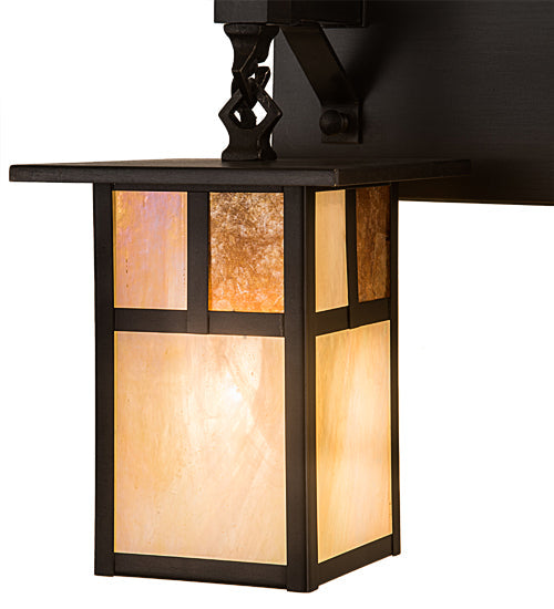 Meyda Lighting Hyde Park 17" 2-Light Craftsman Brown "T" Mission Vanity Light With Beige Iridescent And Amber Mica Shade Glass