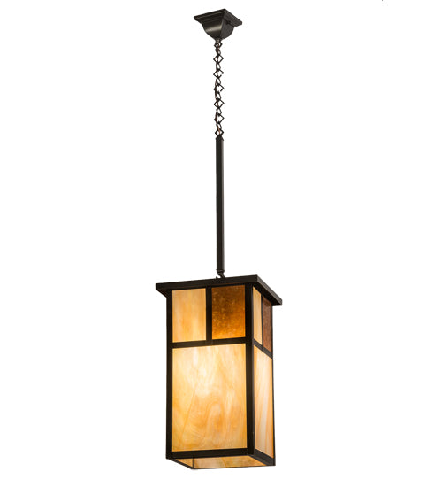 Meyda Lighting Hyde Park 17" Craftsman Brown "T" Mission Pendant Light With Beige Art & Amber Mica Shade