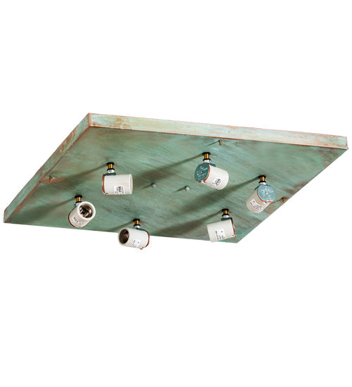 Meyda Lighting Hyde Park 28" 6-Light Verdigris Ginkgo Flush Mount Light With Beige And Clear Seeded Shade Glass
