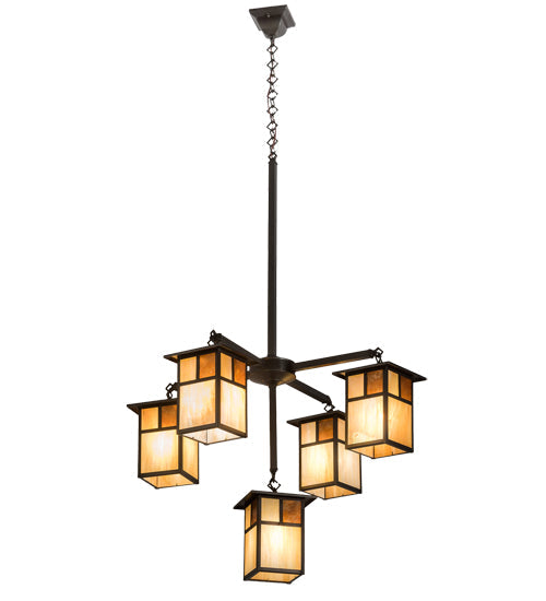 Meyda Lighting Hyde Park 32" 5-Light Craftsman Brown "T" Mission Chandelier With Beige Iridescent & Amber Mica Shade Glass