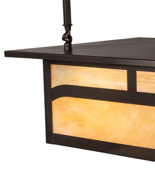 Meyda Lighting Hyde Park 34" 4-Light Craftsman Brown Double Bar Mission Island Pendant Light With Beige & Amber Mica Shade Glass