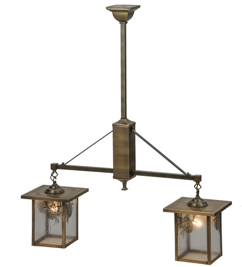 Meyda Lighting Hyde Park 36" 2-Light Antique Brass Winter Pine Island Pendant Light With Clear Seeded Shade Glass