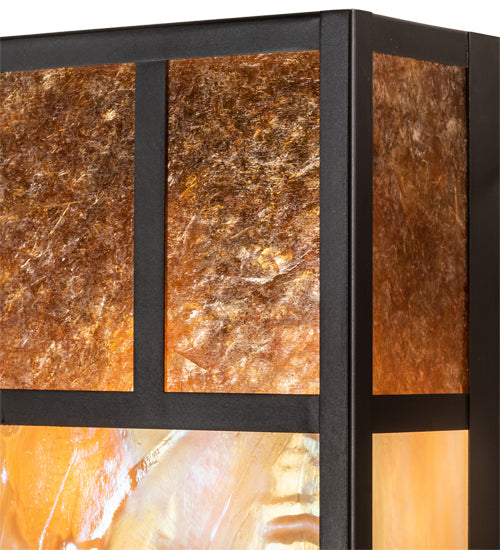 Meyda Lighting Hyde Park 7" 2-Light Craftsman Brown "T" Mission Wall Sconce With Amber Mica & Beige Iridescent Shade Glass