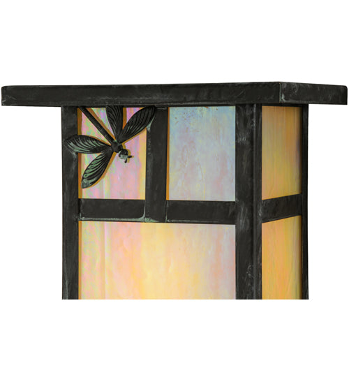 Meyda Lighting Hyde Park 7" Verdigris T Mission Wall Sconce With Beige Iridescent Dragonfly Art Shade Glass