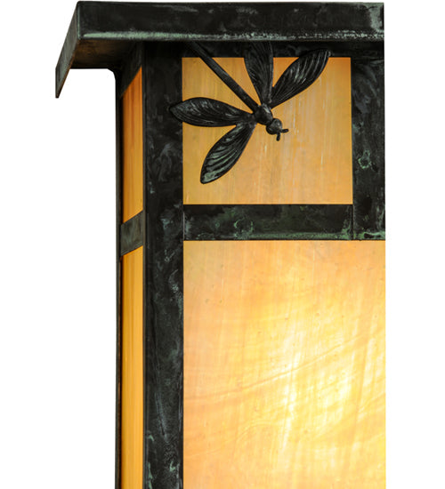 Meyda Lighting Hyde Park 8" Verdigris T Mission Left Dragonfly Wall Sconce With Beige Irridescent Shade Glass