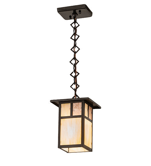 Meyda Lighting Hyde Park 9" Craftsman Brown "T" Mission Mini Pendant Light With Beige Iridescent & Silver Mica Shade Glass