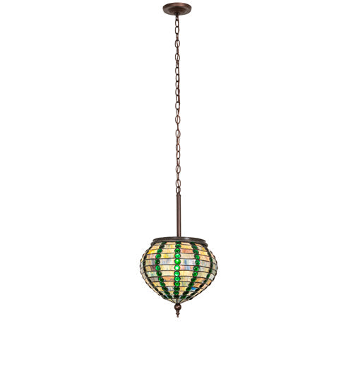 Meyda Lighting Jeweled Beehive 13" Mahogany Bronze Pendant Light With Green & Blue Art Shade Glass