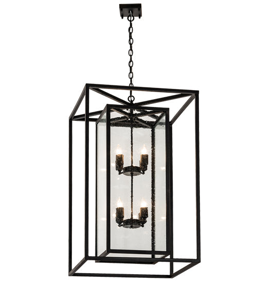 Meyda Lighting Kitzi Box 25"Sq 8-Light Textured Black Pendant Light With Clear Seeded Shade Glass