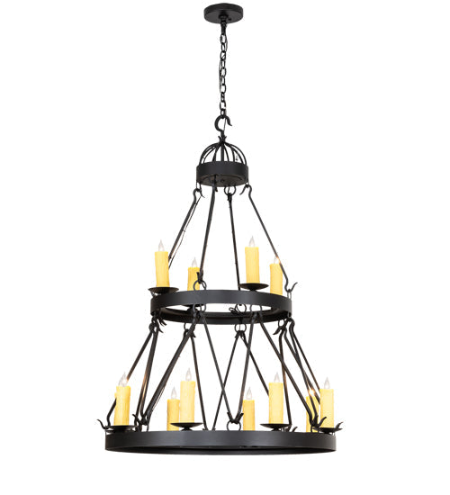 Meyda Lighting Lakeshore 36" 12-Light 2-Tier Old Wrought Iron Ceiling Chandelier With Ivory Faux Candlelight