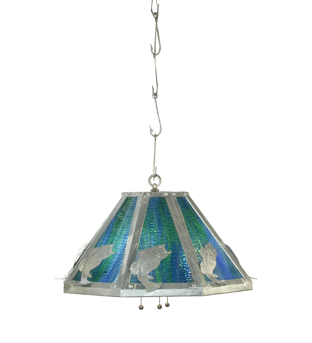 Meyda Lighting Leaping Bass 24" 3-Light Sparkle Silver Pendant Light With Blue Green Art Shade Glass