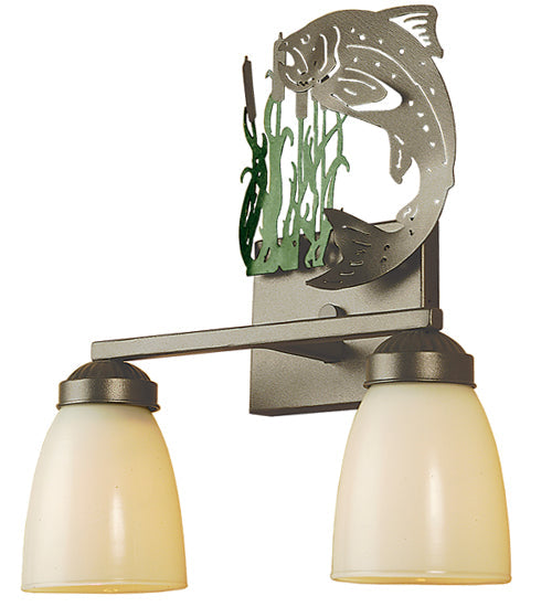 Meyda Lighting Leaping Trout 13" 2-Light Pewter & Green Reeds Vanity Light With White Shade Glass
