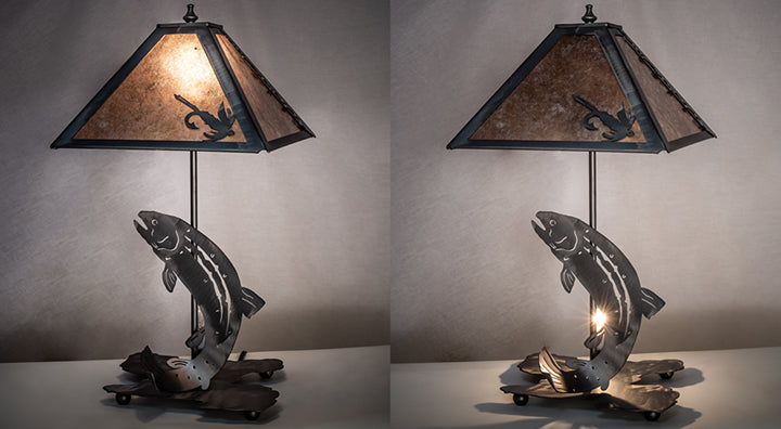 Meyda Lighting Leaping Trout 21" 2-Light Industrial Steel Table Lamp With Silver Mica Shade Glass