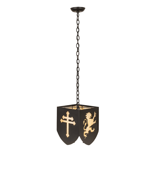 Meyda Lighting Lions and Cross 14" Textured Black Pendant Light With Beige Art Shade Glass