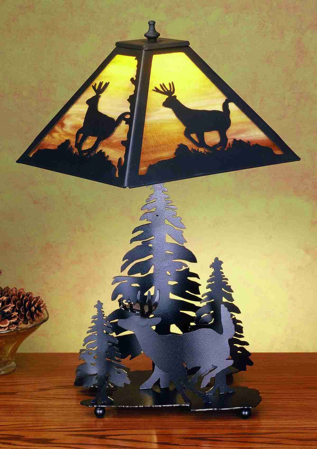 Meyda Lighting Lone Deer 21" 2-Light Textured Black Table Lamp With Emerald Green Shade Glass