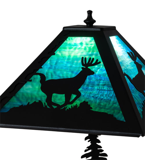 Meyda Lighting Lone Deer 21" 2-Light Textured Black Table Lamp With Green & Blue Art Shade Glass