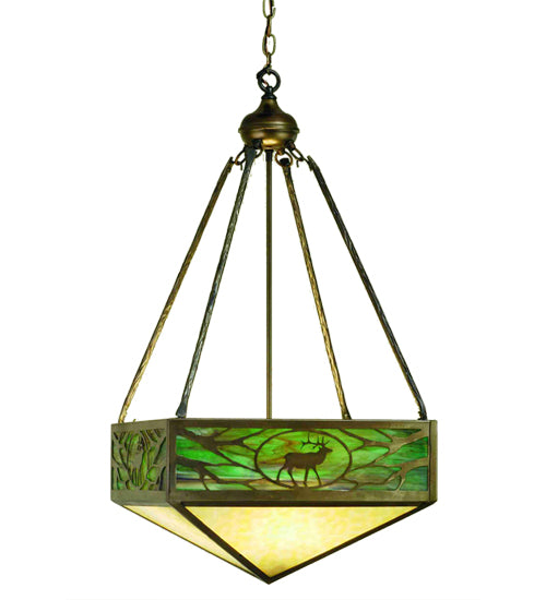 Meyda Lighting Lone Elk 18"Sq 4-Light Antique Copper Inverted Pendant Light With Beige & Green Shade Glass