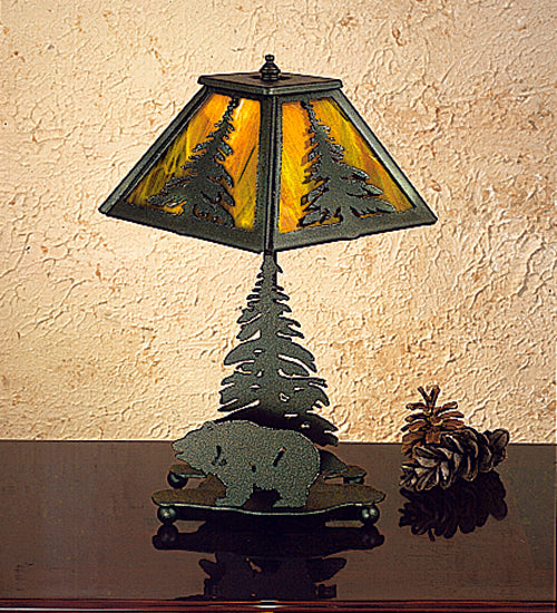 Meyda Lighting Lone Grizzly Bear 14" Textured Black Accent Table Lamp With Honey Art Shade Glass