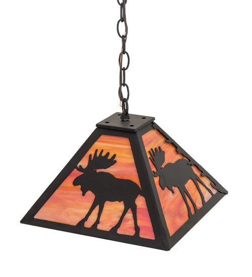 Meyda Lighting Lone Moose 18" 2-Light Textured Black Pendant Light With Orange Shade Glass