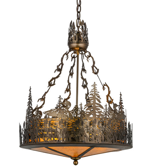 Meyda Lighting Loon 22" 4-Light Antique Copper Inverted Pendant Light With Amber Mica Shade Glass
