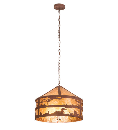 Meyda Lighting Loon On the Lake 20" 3-Light Rust Pendant Light With Amber Mica Shade Glass