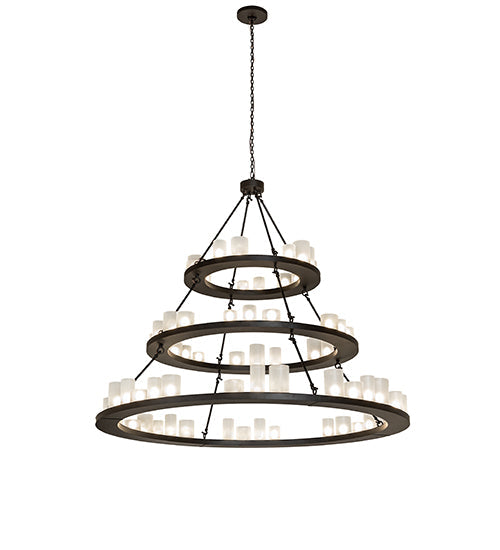Meyda Lighting Loxley 72" 63-Light 3-Tier Oil Rubbed Bronze Shelburne Chandelier With Clear Frosted Acrylic Shade