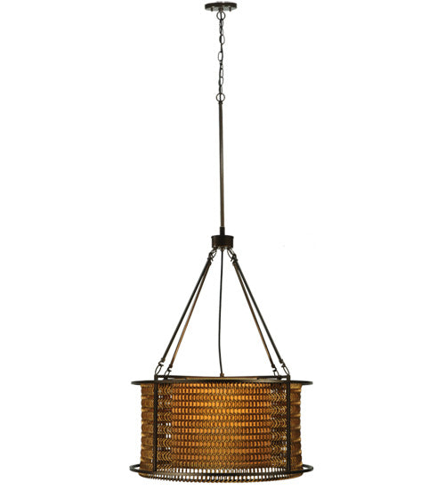 Meyda Lighting Maille 24"W x 64"H 4-Light Timeless Bronze Drum Pendant Light With Gold and Frosted White Idalight Shade