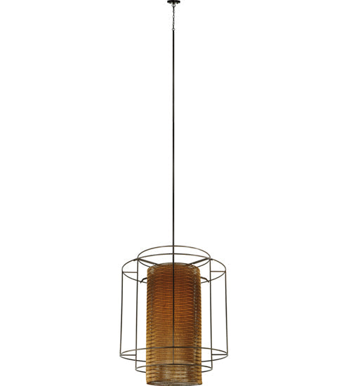 Meyda Lighting Maille 49"W x 150"H 4-Light Timeless Bronze Drum Pendant Light With Gold and Frosted White Idalight Shade