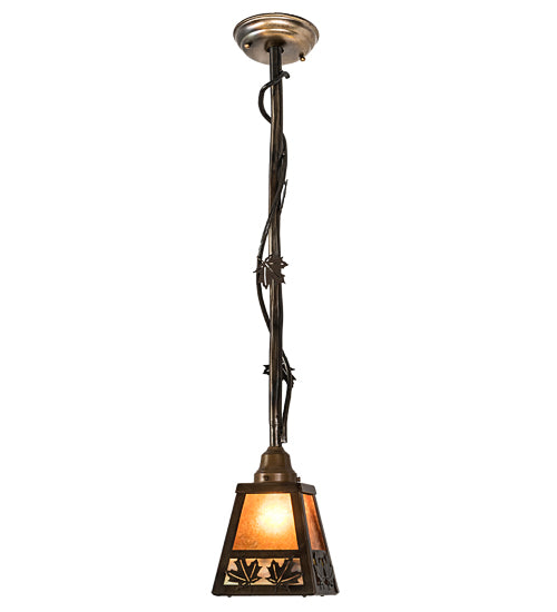 Meyda Lighting Maple Leaf 9" Light Burnished Antique Copper Mini Pendant Light With Amber Mica & Greenish Brown Art Shade Glass