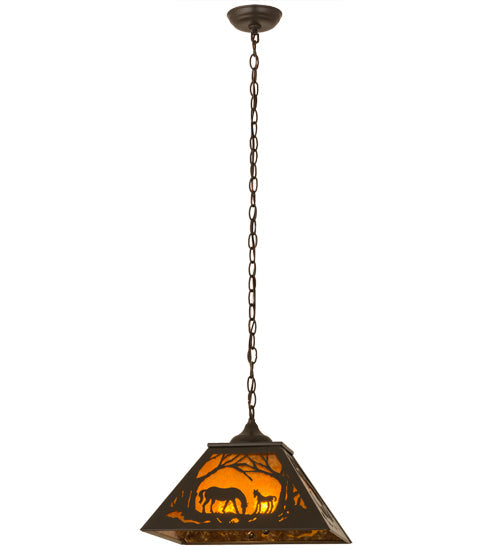 Meyda Lighting Mare & Foal at Dawn 23" 2-Light Timeless Bronze Pendant Light With Amber Mica Shade Glass