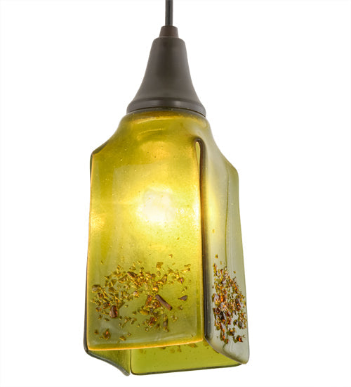 Meyda Lighting Metro Fusion 6" Craftsman Brown Distressed Draped Mini Pendant Light With Celadon Green & Amber Frit Shade Glass