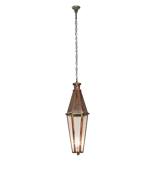 Meyda Lighting Millesime 14" Vintage Copper And Craftsman Verdi Lantern Pendant Light With Clear Seeded Shade Glass