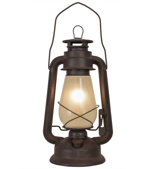 Meyda Lighting Miners Lantern 12" Distressed Rust Lantern Table Lamp With Clear Frosted Shade Glass