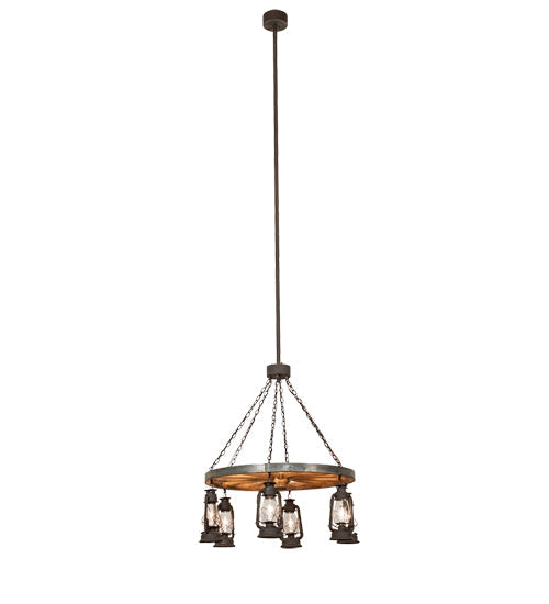 Meyda Lighting Miners Lantern 40" 6-Light Dark Roast Wagon Wheel Chandelier With Clear Shade Glass