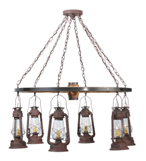 Meyda Lighting Miners Lantern 40" 6-Light Distressed Rust Wagon Wheel Chandelier With Clear Glass Lantern Shade