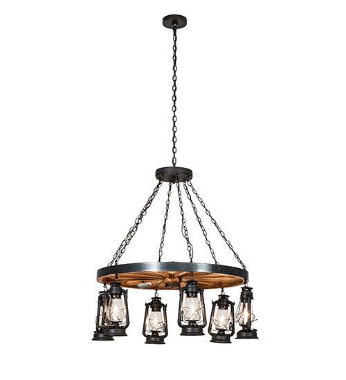 Meyda Lighting Miners Lantern 40" 6-Light Wrought Iron & Natural Wood Wagon Wheel Chandelier With Clear Shade Glass