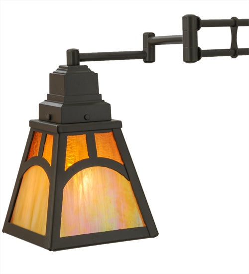 Meyda Lighting Mission 13" Timeless Bronze Hill Top Swing Arm Wall Sconce With Honey Art & Beige Iridescent Shade Glass